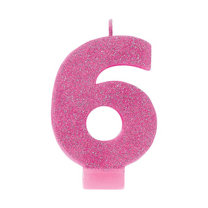 Amscan_OO Decorations - Cake Decorations - Candles #6 Pink Glitter Numeral Candle 8cm Each