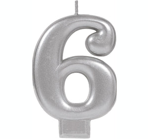 Amscan_OO Decorations - Cake Decorations - Candles #6 Silver Metallic Numeral Moulded Candle 8cm Each