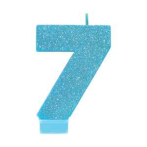 Amscan_OO Decorations - Cake Decorations - Candles #7 Blue Glitter Numeral Candle 8cm Each