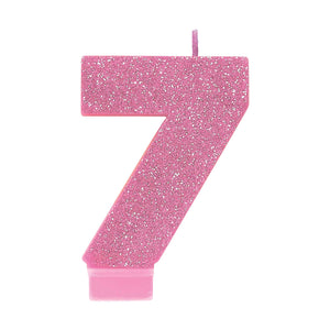 Amscan_OO Decorations - Cake Decorations - Candles #7 Pink Glitter Numeral Candle 8cm Each