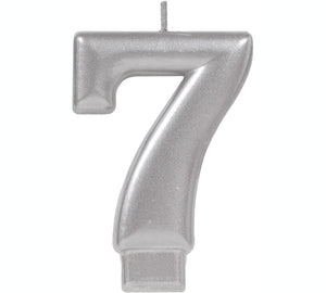 Amscan_OO Decorations - Cake Decorations - Candles #7 Silver Metallic Numeral Moulded Candle 8cm Each