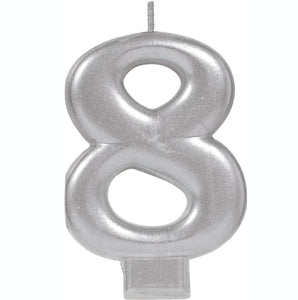 Amscan_OO Decorations - Cake Decorations - Candles #8 Silver Metallic Numeral Moulded Candle 8cm Each
