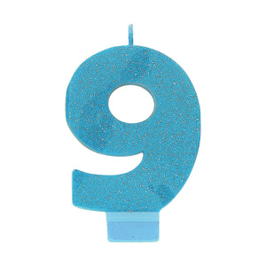 Amscan_OO Decorations - Cake Decorations - Candles #9 Blue Glitter Numeral Candle 8cm Each