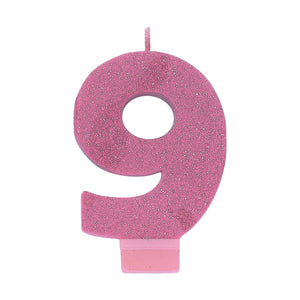 Amscan_OO Decorations - Cake Decorations - Candles #9 Pink Glitter Numeral Candle 8cm Each