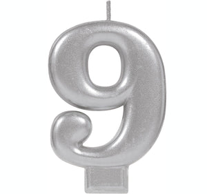 Amscan_OO Decorations - Cake Decorations - Candles #9 Silver Metallic Numeral Moulded Candle 8cm Each