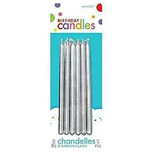 Amscan_OO Decorations - Cake Decorations - Candles Birthday Taper Silver Candle 12pk