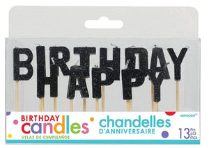 Amscan_OO Decorations - Cake Decorations - Candles Glitter Black Happy Birthday Pick Candles 13pk