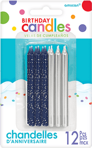 Amscan_OO Decorations - Cake Decorations - Candles Glitter Metallic Silver & Blue Candles 8cm 12pk