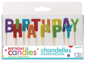 Amscan_OO Decorations - Cake Decorations - Candles Glitter Primary Happy Birthday Pick Candles 13pk