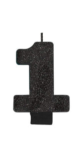 Amscan_OO Decorations - Cake Decorations - Candles Numeral Glitter Black #1 Candle 8cm Each