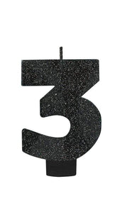 Amscan_OO Decorations - Cake Decorations - Candles Numeral Glitter Black #3 Candle 8cm Each