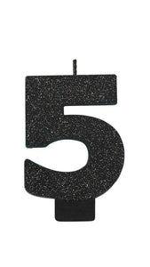 Amscan_OO Decorations - Cake Decorations - Candles Numeral Glitter Black #5 Candle 8cm Each