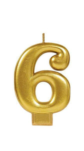 Amscan_OO Decorations - Cake Decorations - Candles Numeral Metallic Gold #6 Candle 8cm Each