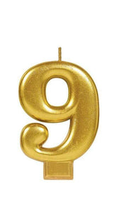 Amscan_OO Decorations - Cake Decorations - Candles Numeral Metallic Gold #9 Candle 8cm Each