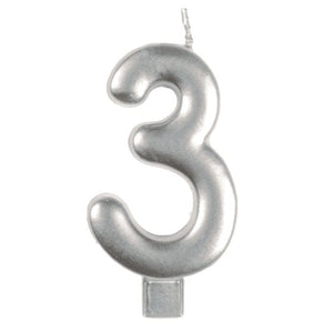 Decorations - Cake Decorations - Candles Silver #3 Numeral Moulded Candle 8cm Each