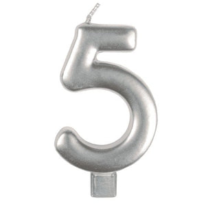 Decorations - Cake Decorations - Candles Silver #5 Numeral Moulded Candle 8cm Each