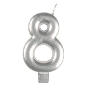 Decorations - Cake Decorations - Candles Silver #8 Numeral Moulded Candle 8cm Each