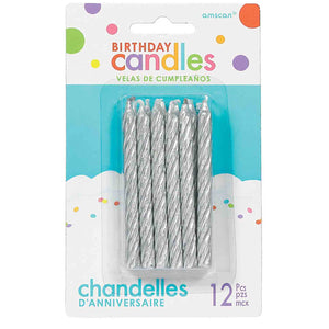 Amscan_OO Decorations - Cake Decorations - Candles Silver Birthday Candles Large Spiral Glitter 8cm 12pk