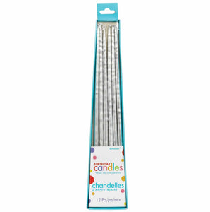 Amscan_OO Decorations - Cake Decorations - Candles Silver Long Thin Taper Candles 25cm 12pk