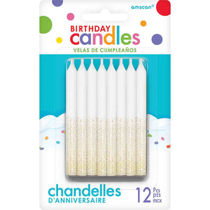 Amscan_OO Decorations - Cake Decorations - Candles White & Gold Glitter Dip Candles 8cm 12pk