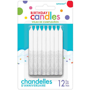 Amscan_OO Decorations - Cake Decorations - Candles White & Silver Glitter Dip Candles 8cm 12pk