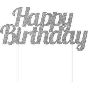 Amscan_OO Decorations - Cake Decorations - Toppers & Banners Cake Topper Happy Birthday Silver Glittered 15cm x 17cm Each