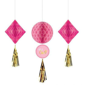 Amscan_OO Decorations - Decorative Fans, Pom Poms & Lanterns Baby Shower Girl Honeycomb Hanging Decorations 3pk