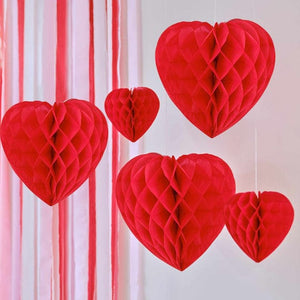 Decorations - Decorative Fans, Pom Poms & Lanterns Be Mine Honeycomb Hanging Heart Decorations 5pk