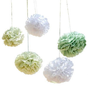 Decorations - Decorative Fans, Pom Poms & Lanterns Botanical Baby Sage & White Pom Pom Hanging Decorations 5pk