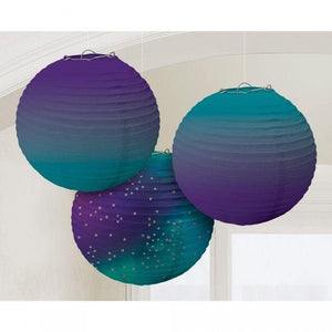Amscan_OO Decorations - Decorative Fans, Pom Poms & Lanterns Sparkling Sapphire Ombre Round Paper Lanterns 24cm 3pk