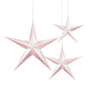 Amscan_OO Decorations Hanging 3D Star Decorations Iridescent White & Pink 3pk