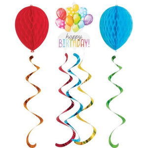 Decorations - Hanging Swirls Balloon Bash Birthday Hanging Honeycomb Balloons & Cutout Decorations 3pk