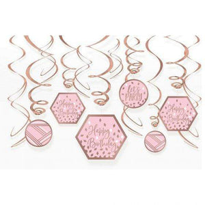 Amscan_OO Decorations - Hanging Swirls Blush Birthday Swirl Decorations 12pk