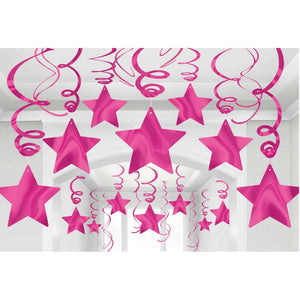 Amscan_OO Decorations - Hanging Swirls Bright Pink Silver Shooting Stars Foil Mega Value Pack Swirl Decorations 30pk