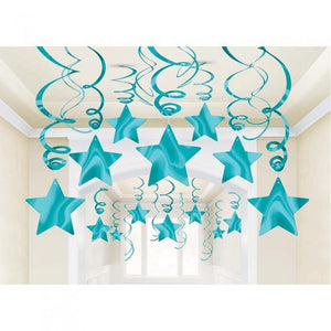 Amscan_OO Decorations - Hanging Swirls Caribbean Blue Caribbean Blue Shooting Stars Foil Mega Value Pack Swirl Decorations 30Pk