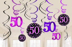 Amscan_OO Decorations - Hanging Swirls Pink Celebration 50th Swirls Hanging Decorations 12pk