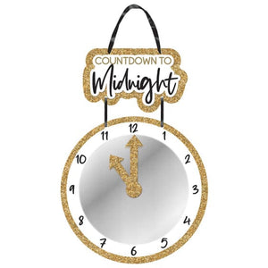 Decorations - Props Countdown to Midnight Mirror Clock MDF Gold Glittered Hanging Sign 44cm x 30cm Each