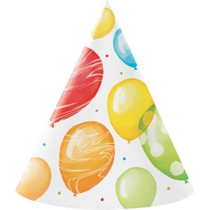 Games & Favors - Party Hat & Mask Balloon Bash Birthday Cone Shaped Party Hats 17cm x 14cm 8pk