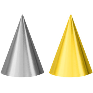 Games & Favors - Party Hat & Mask Silver & Gold Foil Party Cone Hats 17cm 12pk