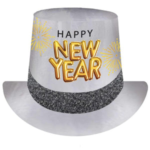 Hats & Headwear - Hats & Helmets Happy New Year Glittered Top Hat Black, Silver & Gold Each