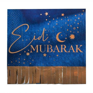 Tableware - Napkins Eid Navy & Gold Mubarak Fringe Paper Napkins 16.5cm 16pk