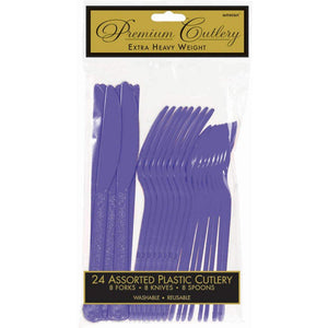 Amscan_OO Tableware - Spoons, Forks, Knives & Tongs New Purple Premium Plastic Cutlery Set 24pk