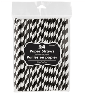 Amscan_OO Tableware - Straws Jet Black Silver Stripe Paper Straws 19cm 24pk