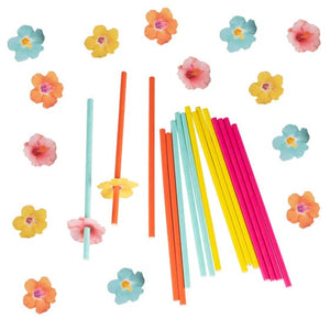 Tableware - Straws Tiki Tropics Hawaiian Paper Party Straws with Flower Toppers 16pk