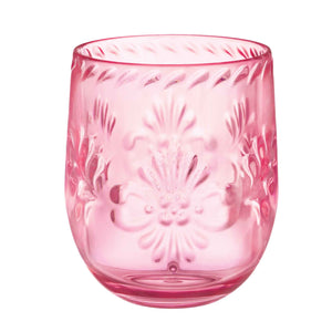 Amscan_OO Tableware - Wine, Cocktail, Champagne, & Glasses Boho Vibes Pink Floral Plastic Stemless Wine Glass Debossed Finish 414ml Each